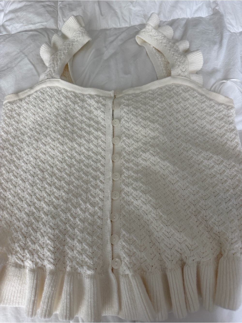Cream Knit Button-Front Bandeau with Ruffle Straps